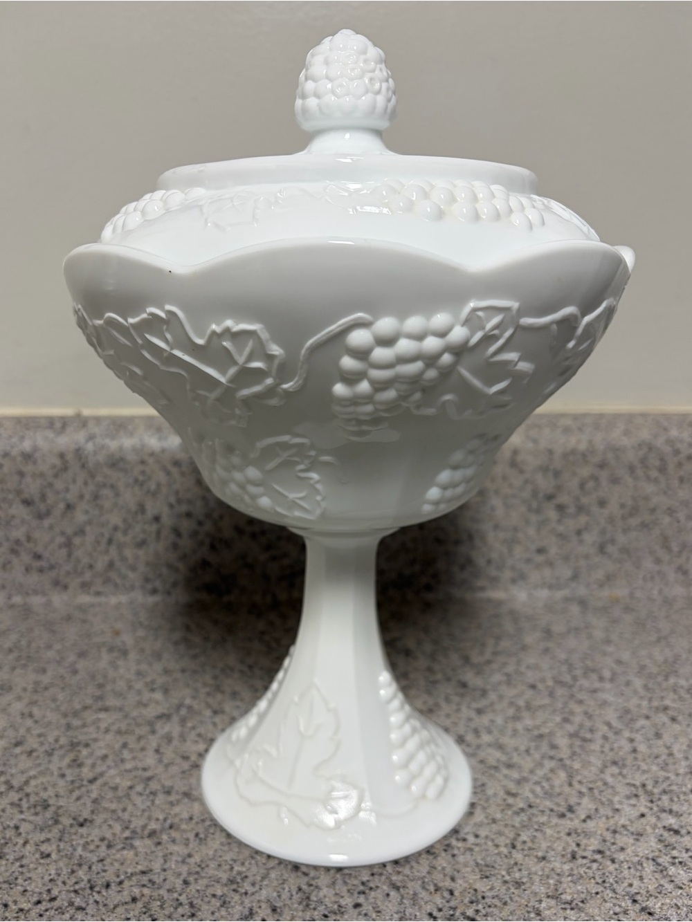 White Milk Glass Compote with Grape Leaf Motif